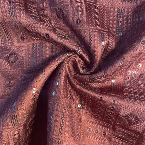 Maroon Thread Sequins Embroidery Russian Silk Fabric 19999