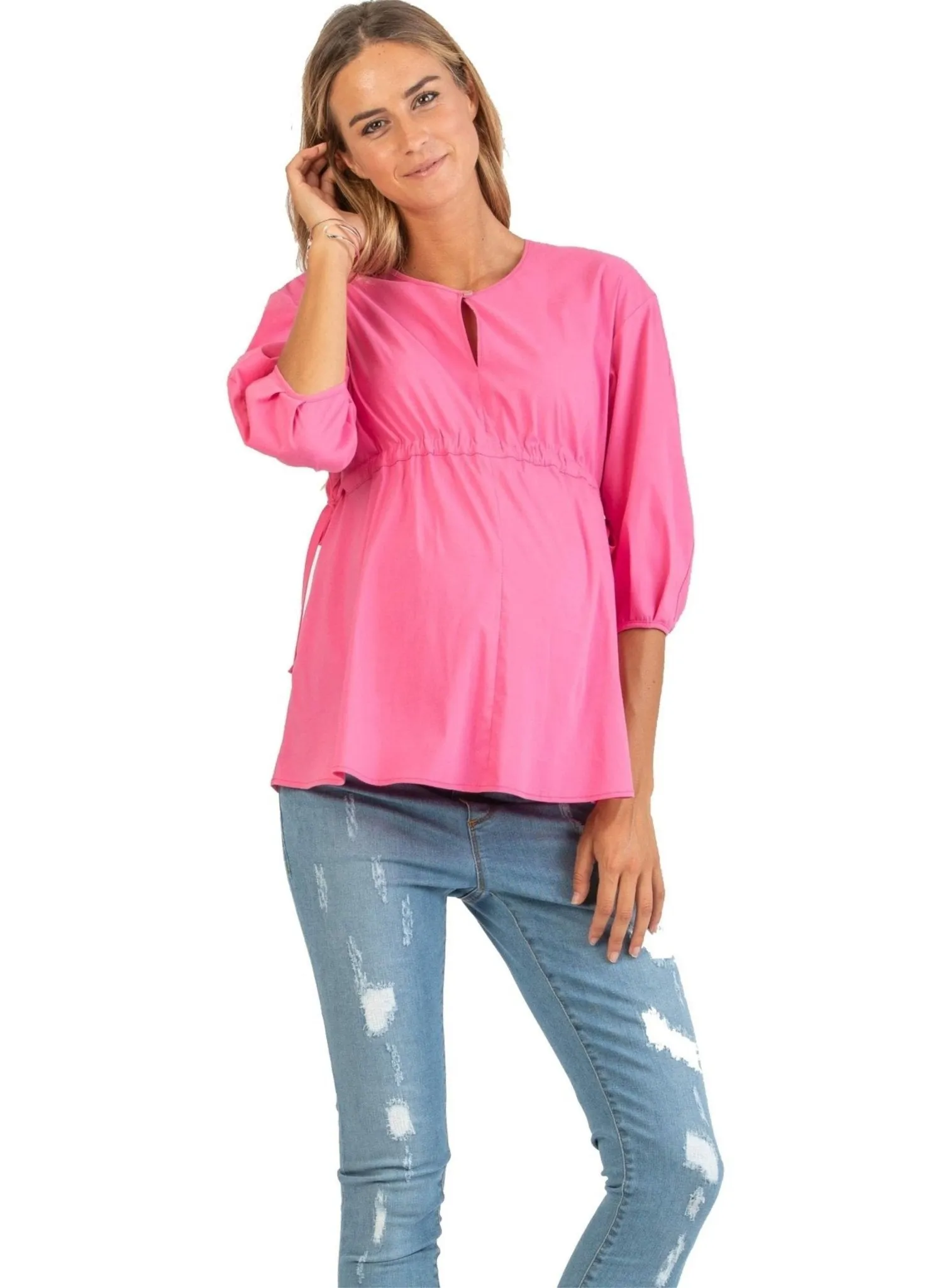 Maternity Blouse with Drawstrings and Balloon Sleeve