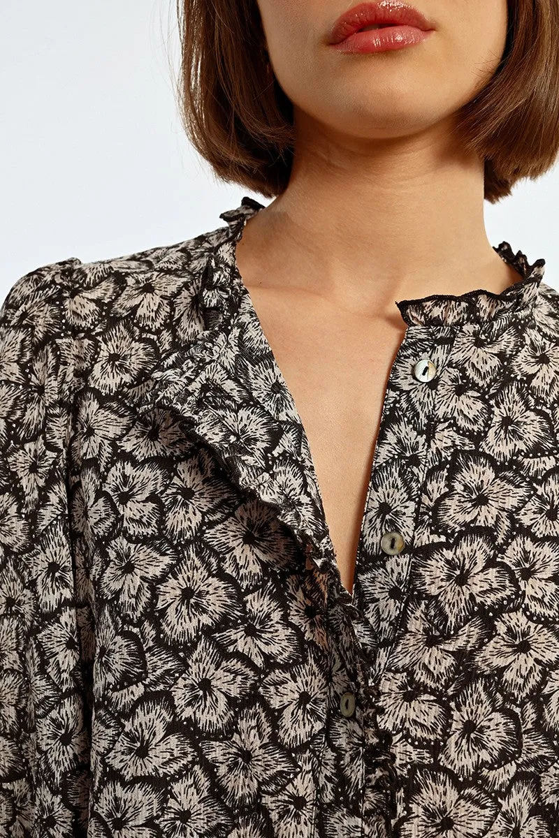 Molly Bracken Black/White Flower Print Balloon Sleeve Blouse