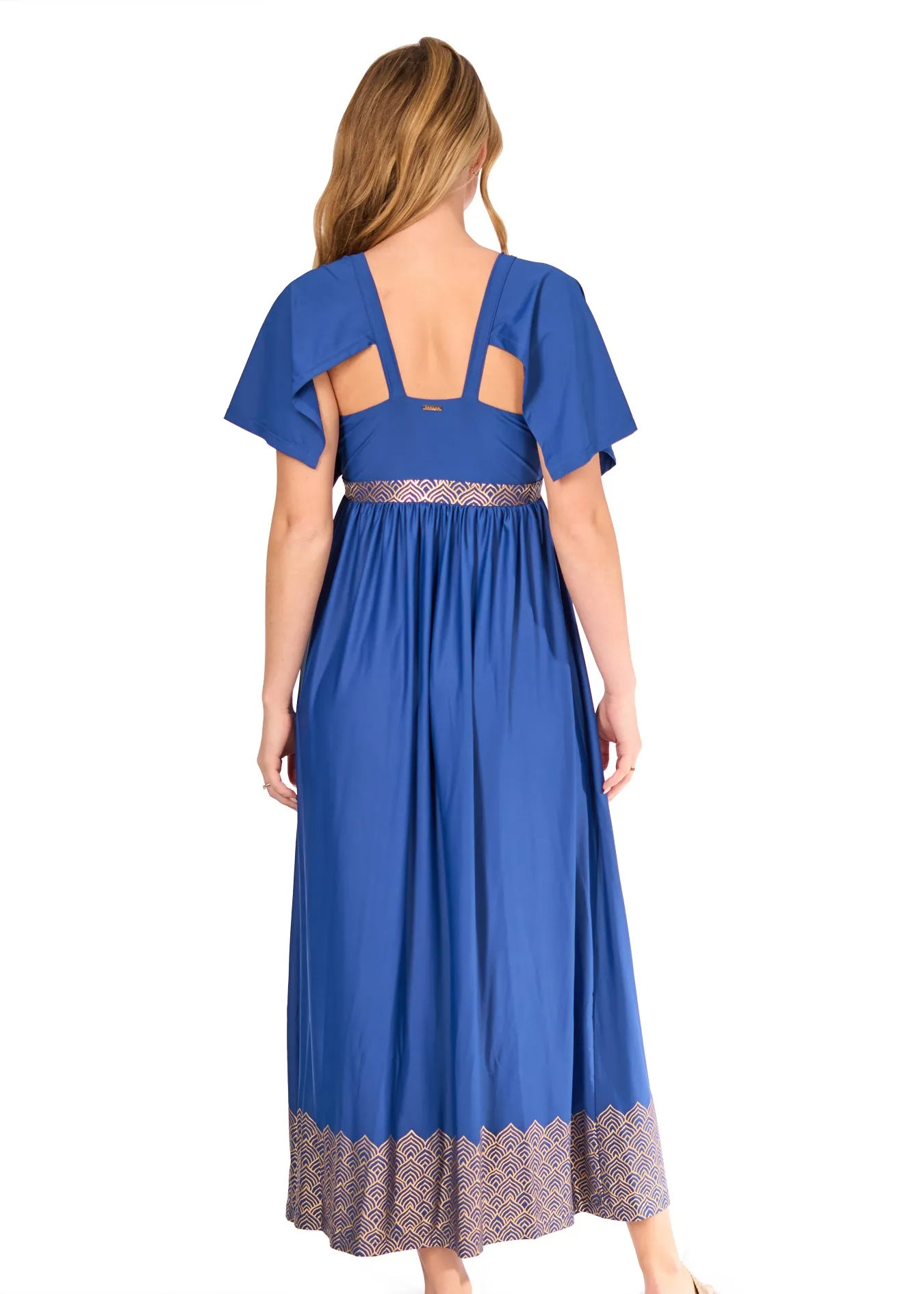 Navy Blue Metallic Flutter Sleeve Maxi Dress