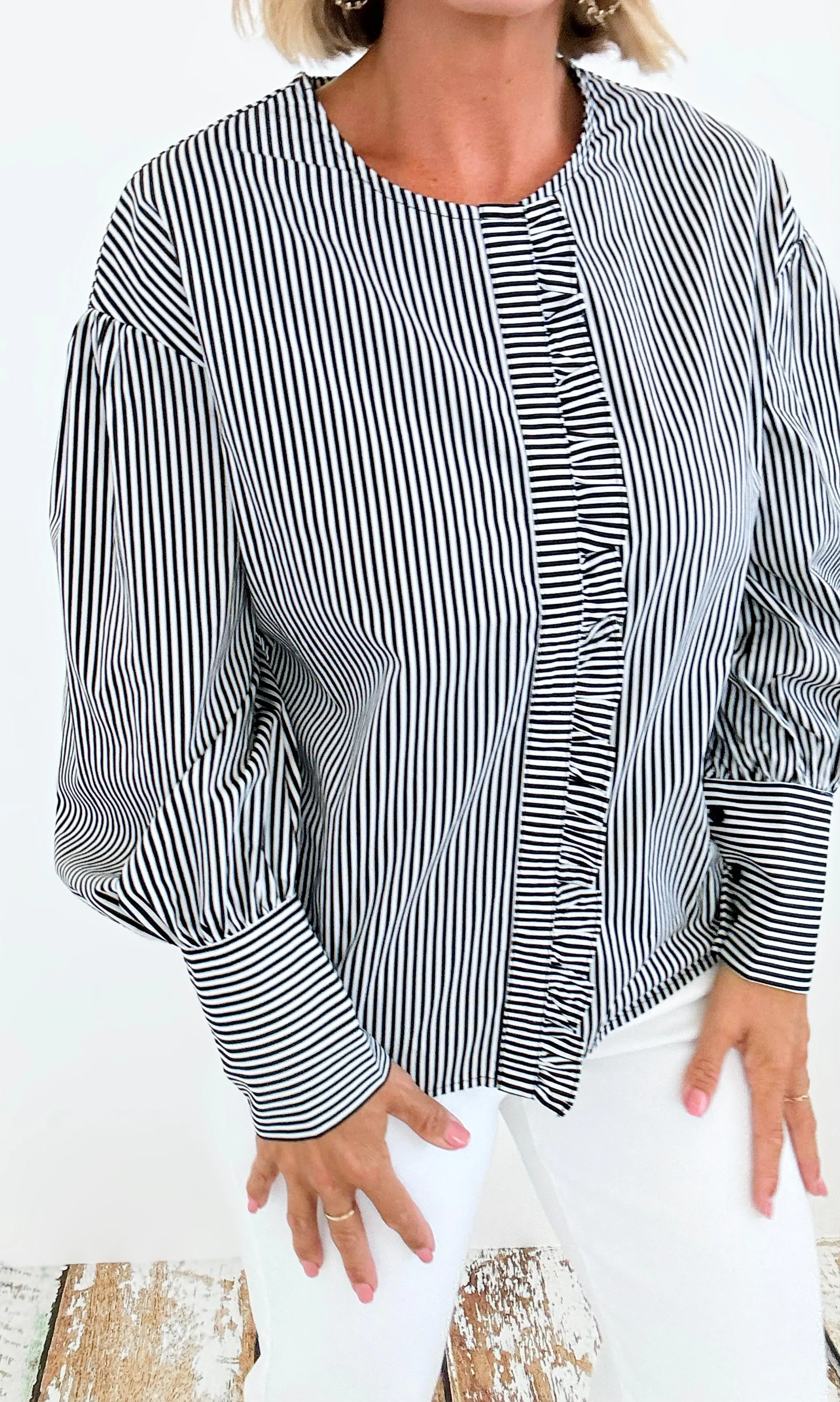 Parisian Stripe Ruffle Blouse - Black