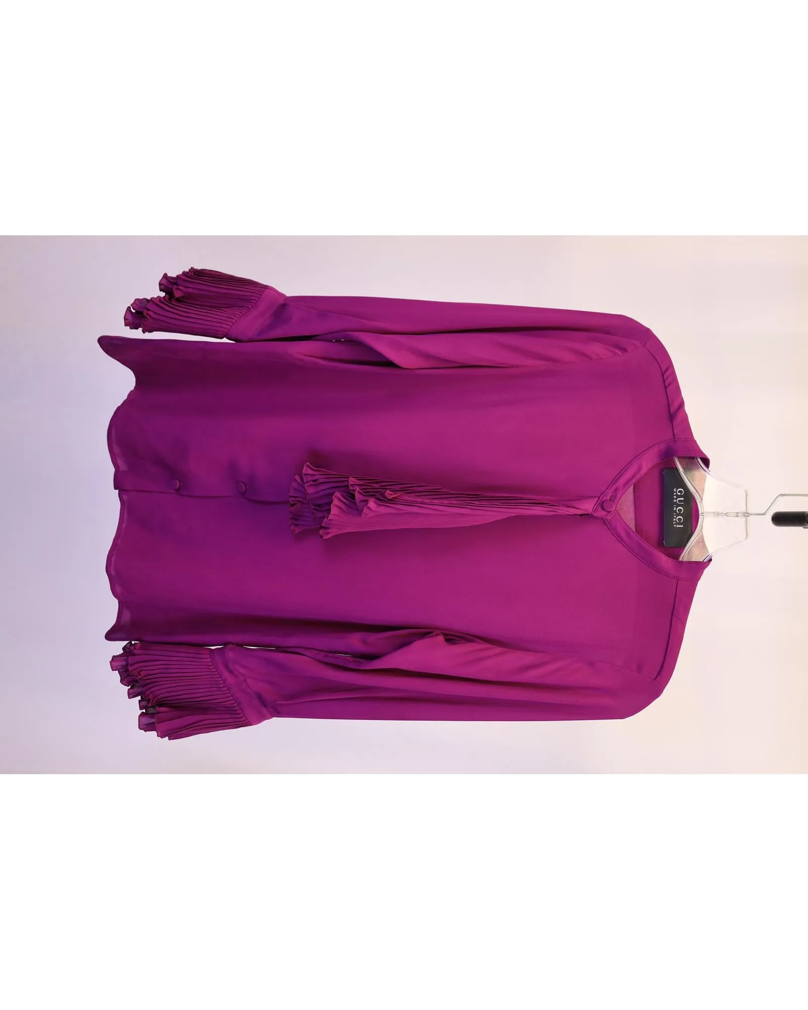 Plisse Ruffle Detail Long-Sleeve Silk Top in Captivating Purple