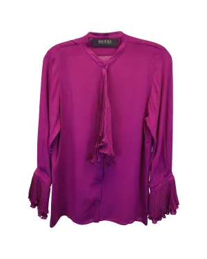 Plisse Ruffle Detail Long-Sleeve Silk Top in Captivating Purple