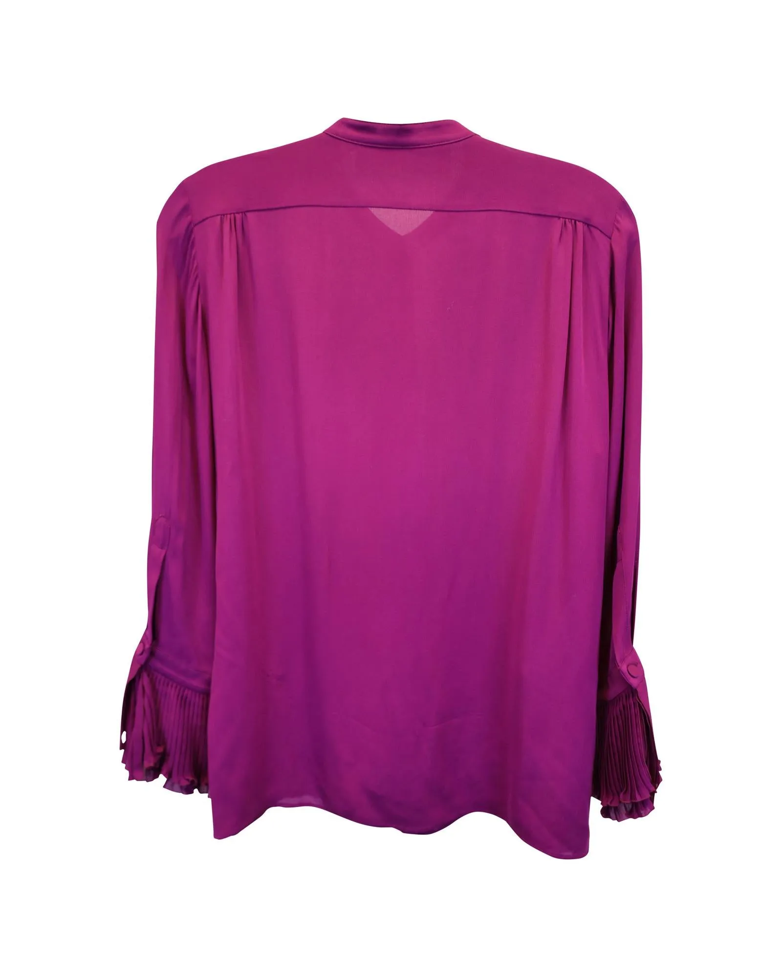 Plisse Ruffle Detail Long-Sleeve Silk Top in Captivating Purple