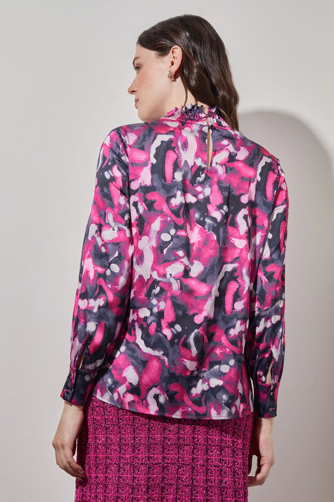 Plus Size Gathered Neck Blouse - Abstract Print Crepe de Chine