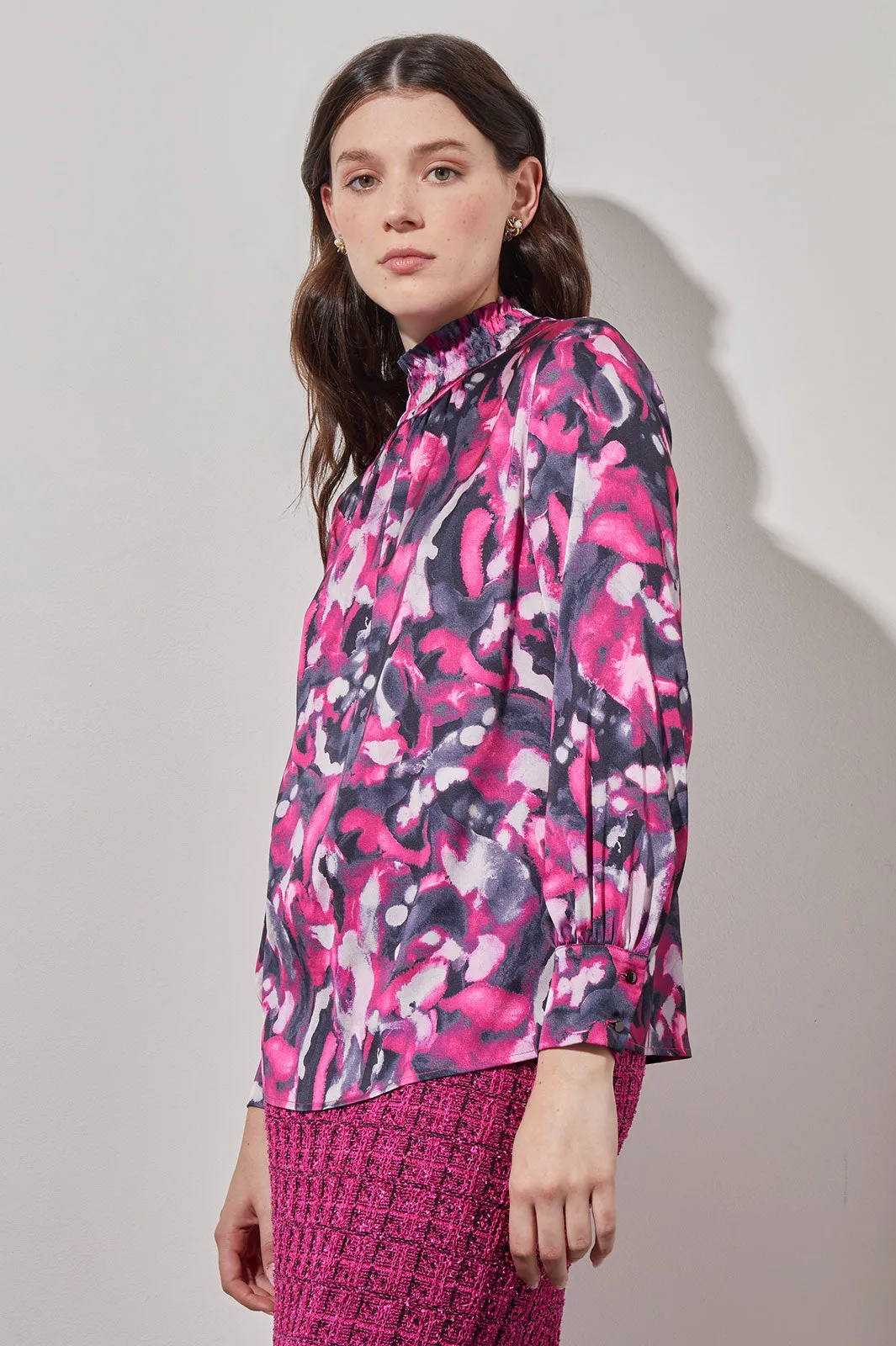 Plus Size Gathered Neck Blouse - Abstract Print Crepe de Chine