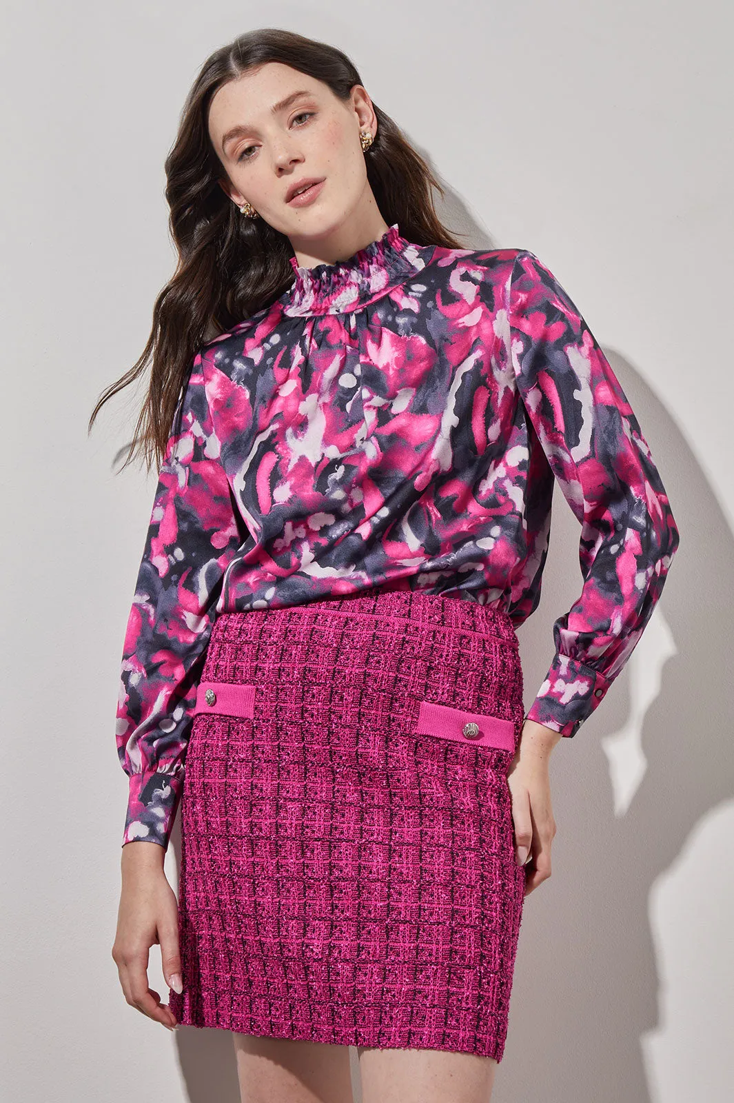 Plus Size Gathered Neck Blouse - Abstract Print Crepe de Chine