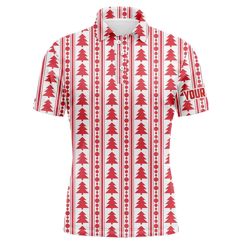 Red Christmas Trees & Garlands Flat Mens Golf Polo Shirts Customized Golf Shirts For Men