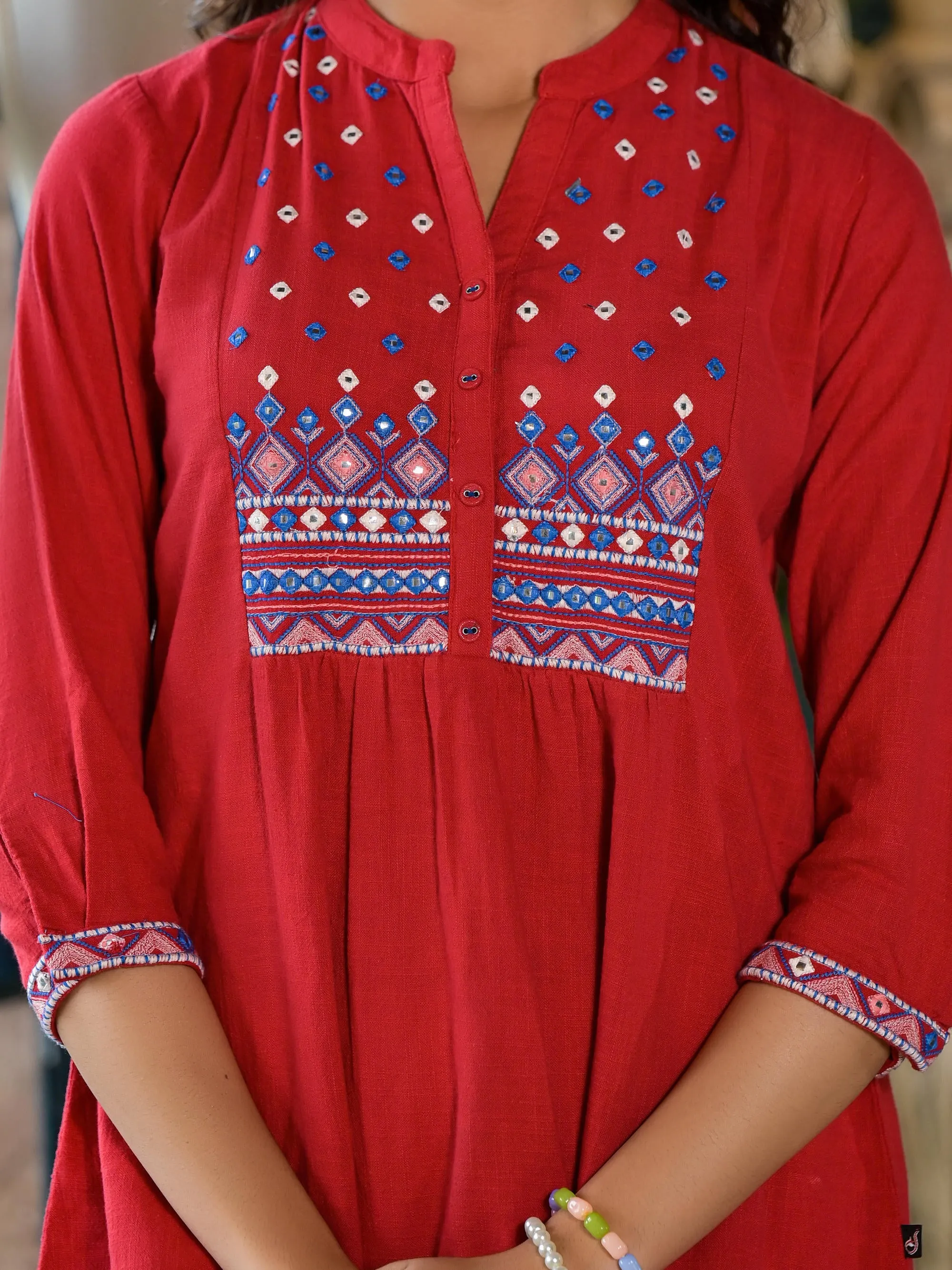 Red Thread Embroidered Cotton Tunic With Mirror work & Buttons