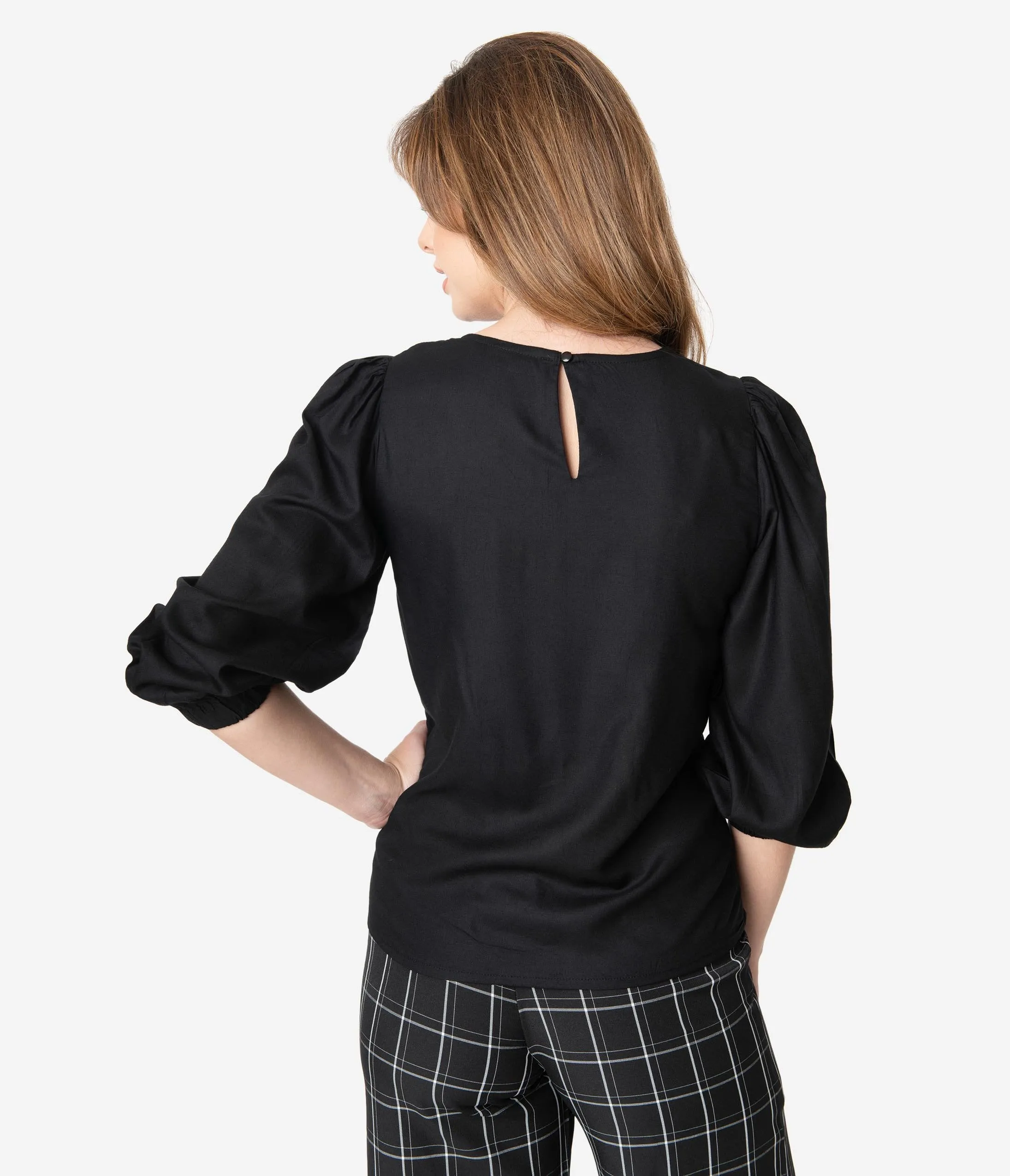 Retro Style Black Asymmetrical Buttons Modest Sleeved Blouse