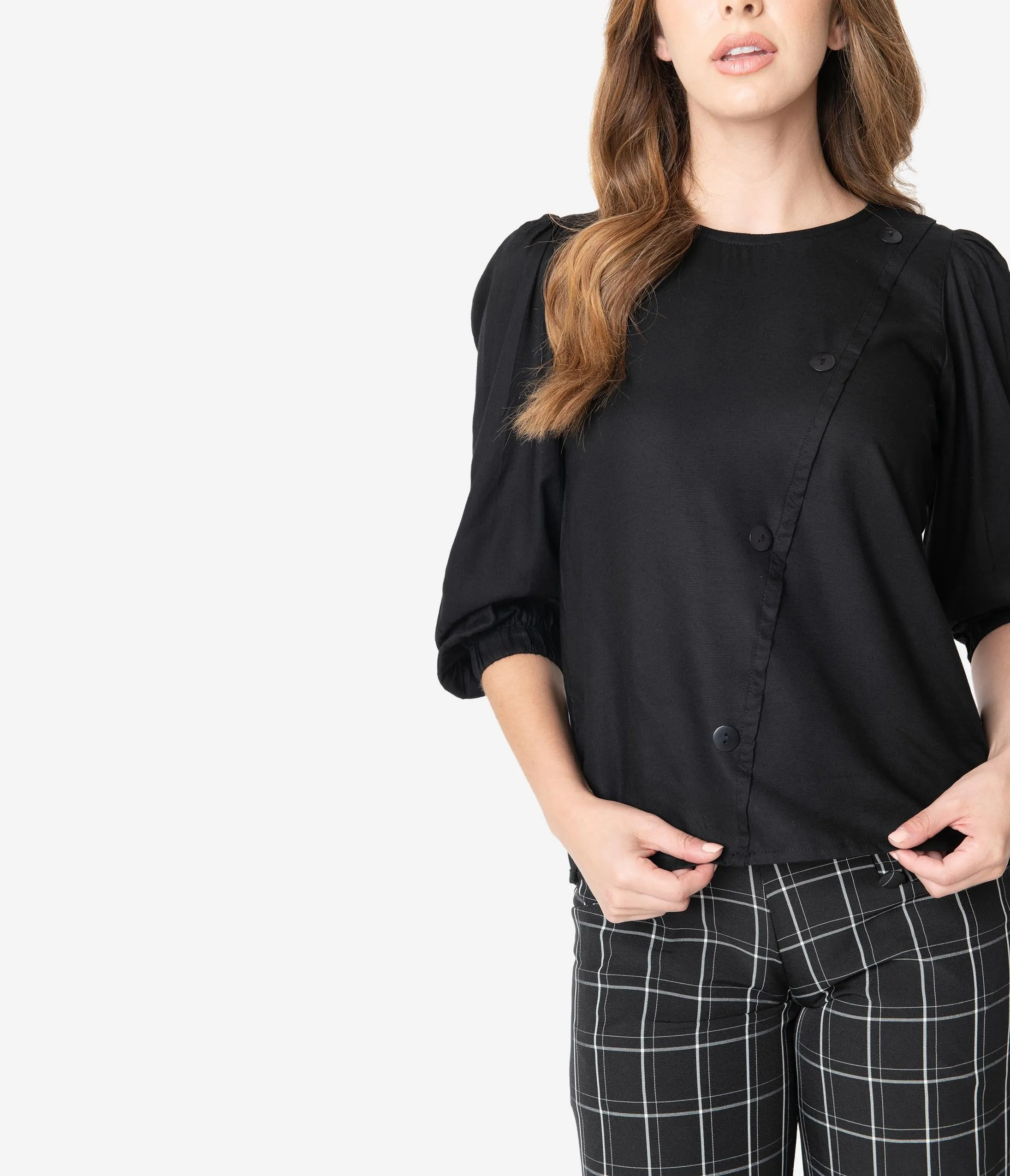 Retro Style Black Asymmetrical Buttons Modest Sleeved Blouse