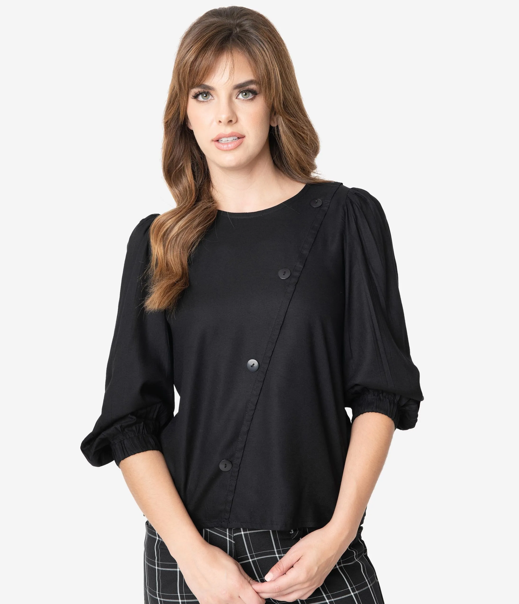 Retro Style Black Asymmetrical Buttons Modest Sleeved Blouse