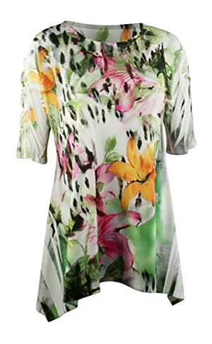 Sea & Anchor - Fierce Flower, 1/2 Sleeve Asymmetric Hem Colorful Fashion Tunic Top