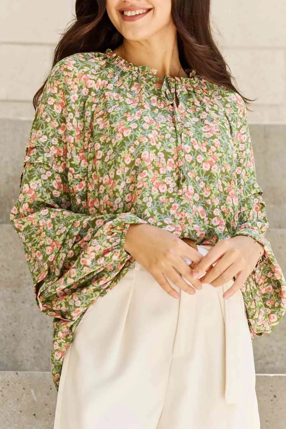 She's Blossoming Full Size Balloon Sleeve Floral Blouse