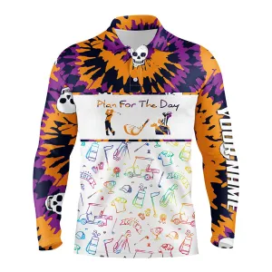 Tie Dye Halloween Mens Golf Long Sleeve Polo Shirts, Colorful Best Golf Shirts For Men, Skull Golf Shirt