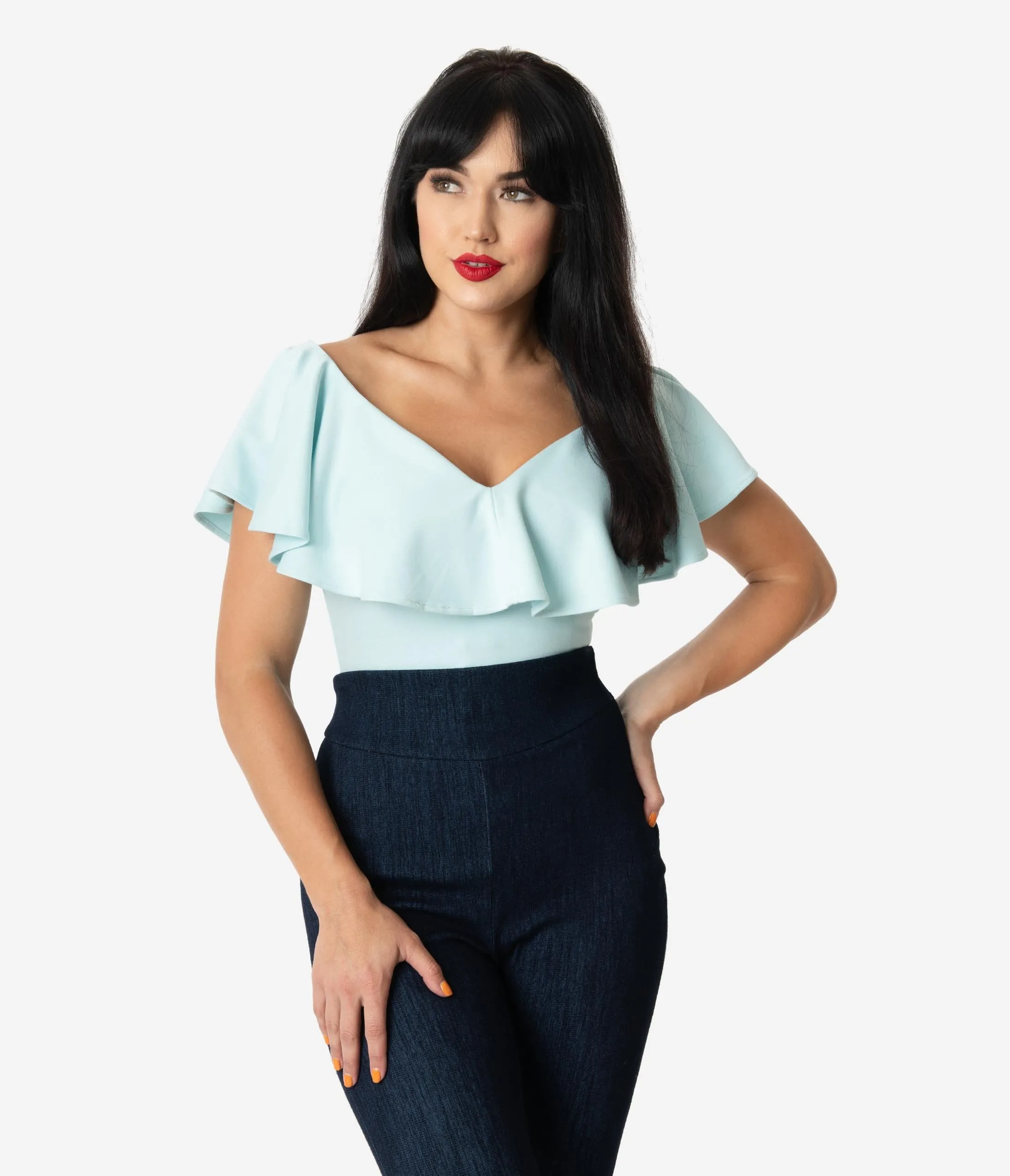 Unique Vintage 1950s Pale Blue Off Shoulder Ruffle Frenchie Top