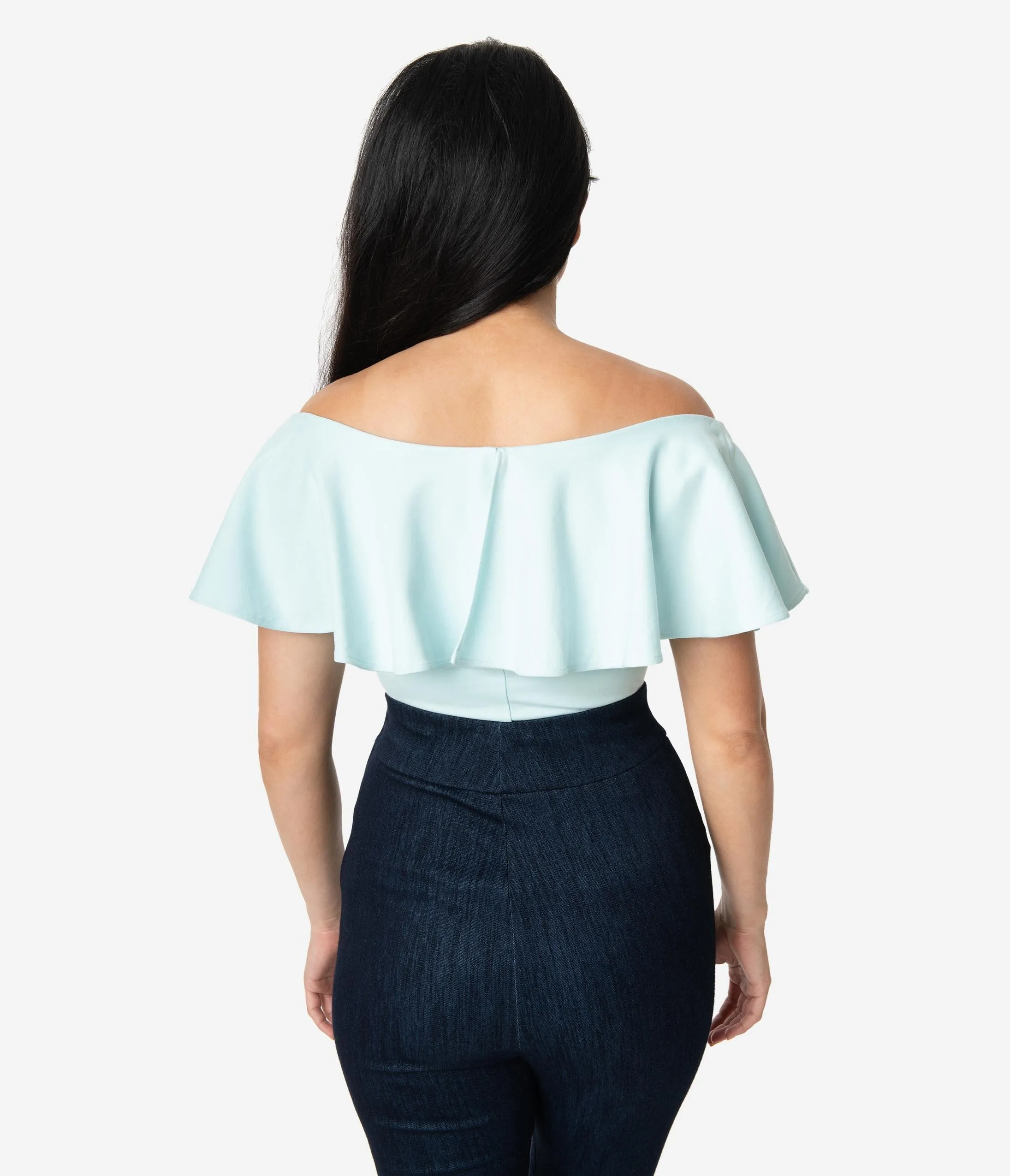 Unique Vintage 1950s Pale Blue Off Shoulder Ruffle Frenchie Top