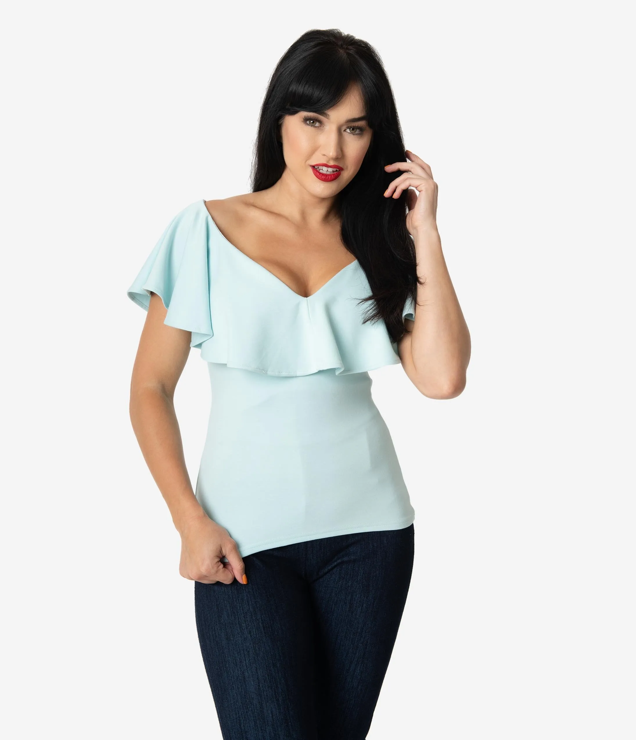 Unique Vintage 1950s Pale Blue Off Shoulder Ruffle Frenchie Top