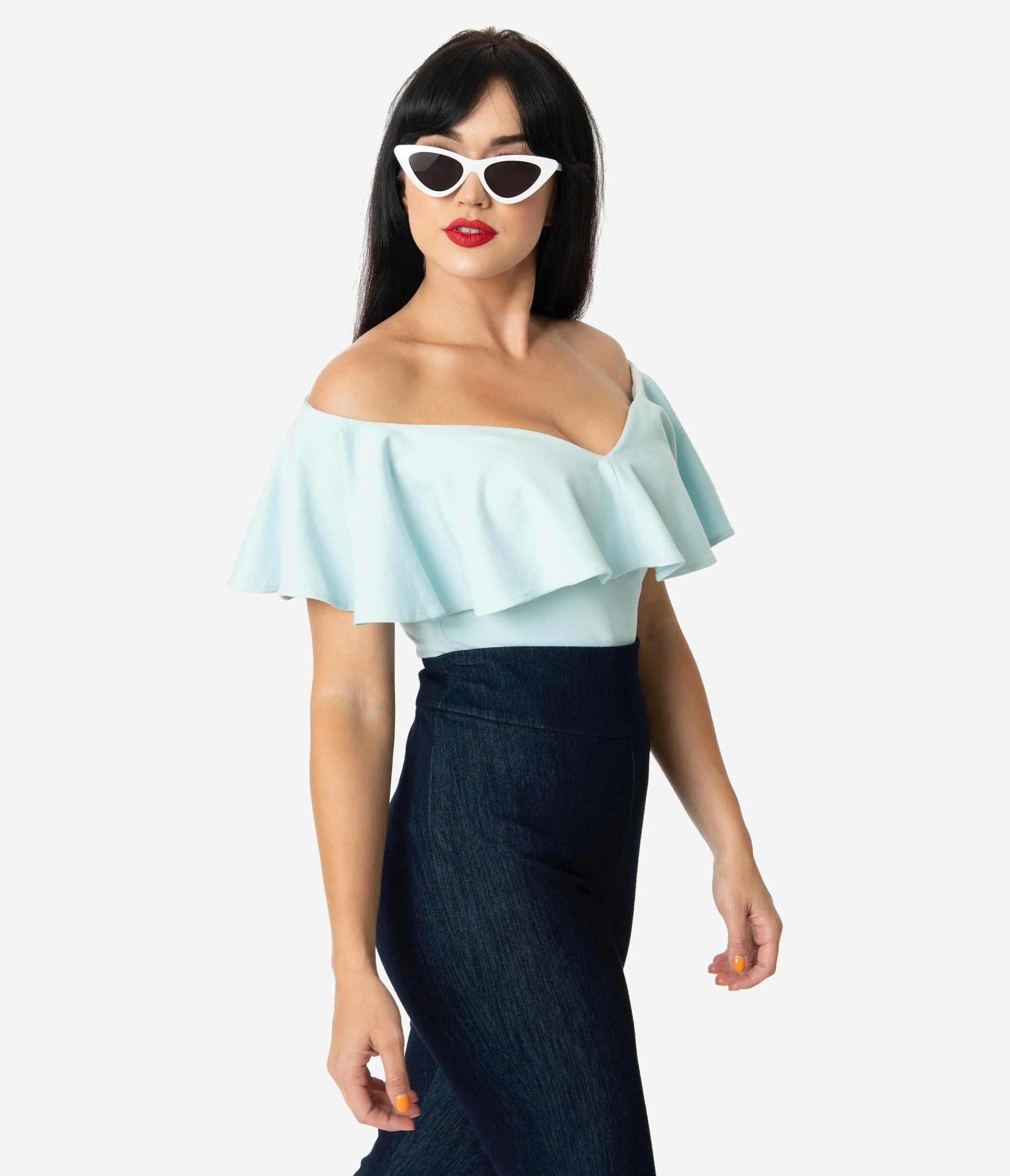 Unique Vintage 1950s Pale Blue Off Shoulder Ruffle Frenchie Top