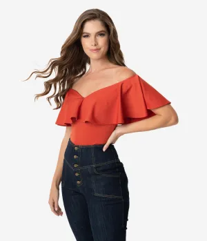 Unique Vintage 1950s Paprika Off Shoulder Ruffle Frenchie Top