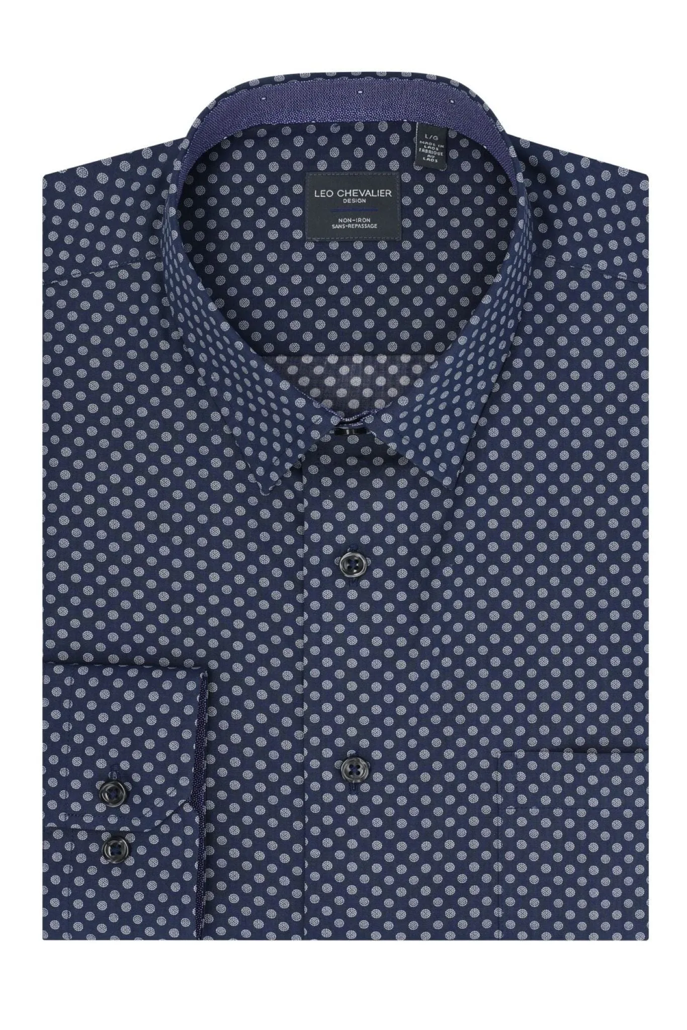 Upgrade Your Wardrobe with one of our Hidden Button-Down Collar Navy Polkadot Shirts