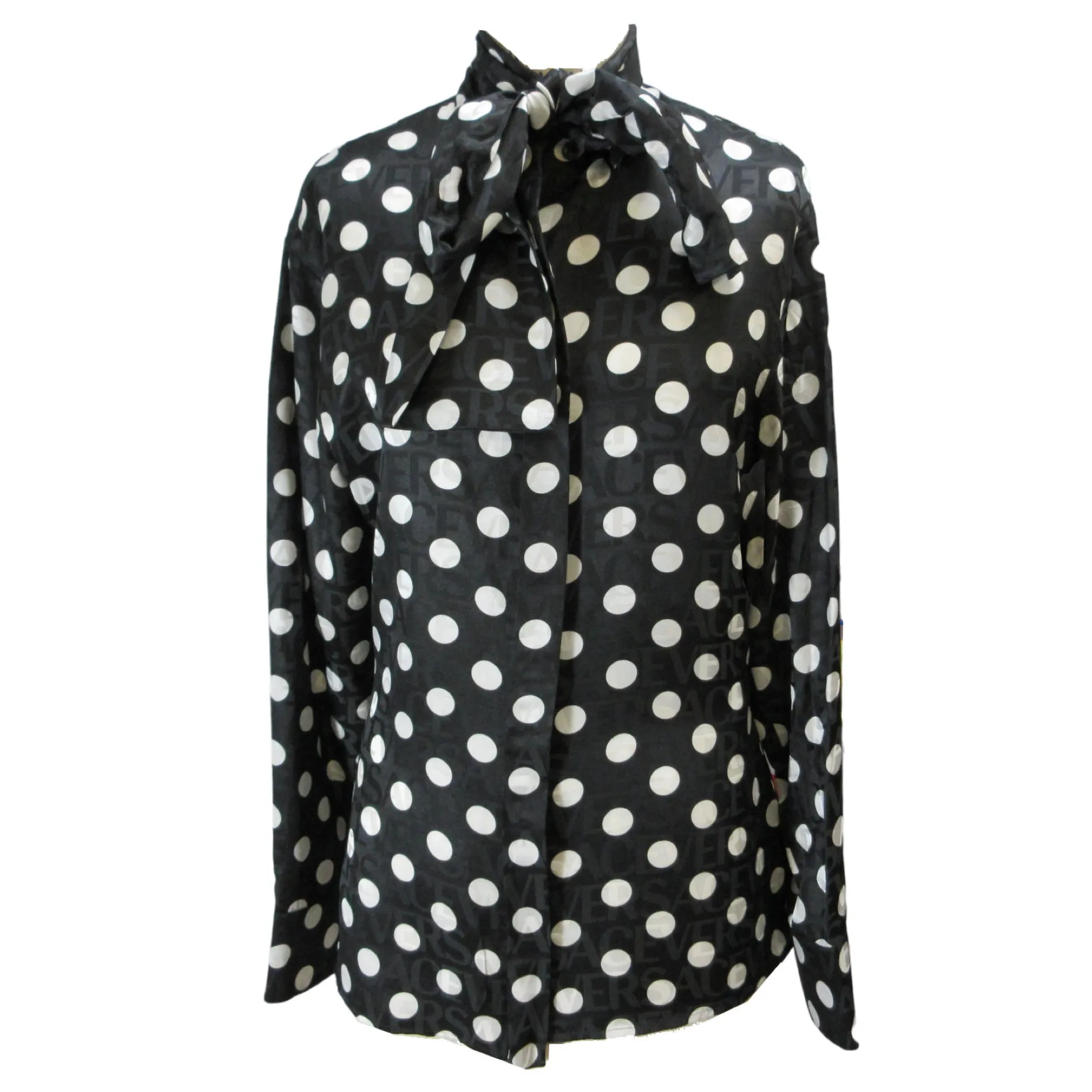 Versace Black / White 2022 Tie Neck Polka Dot Print Silk Blouse