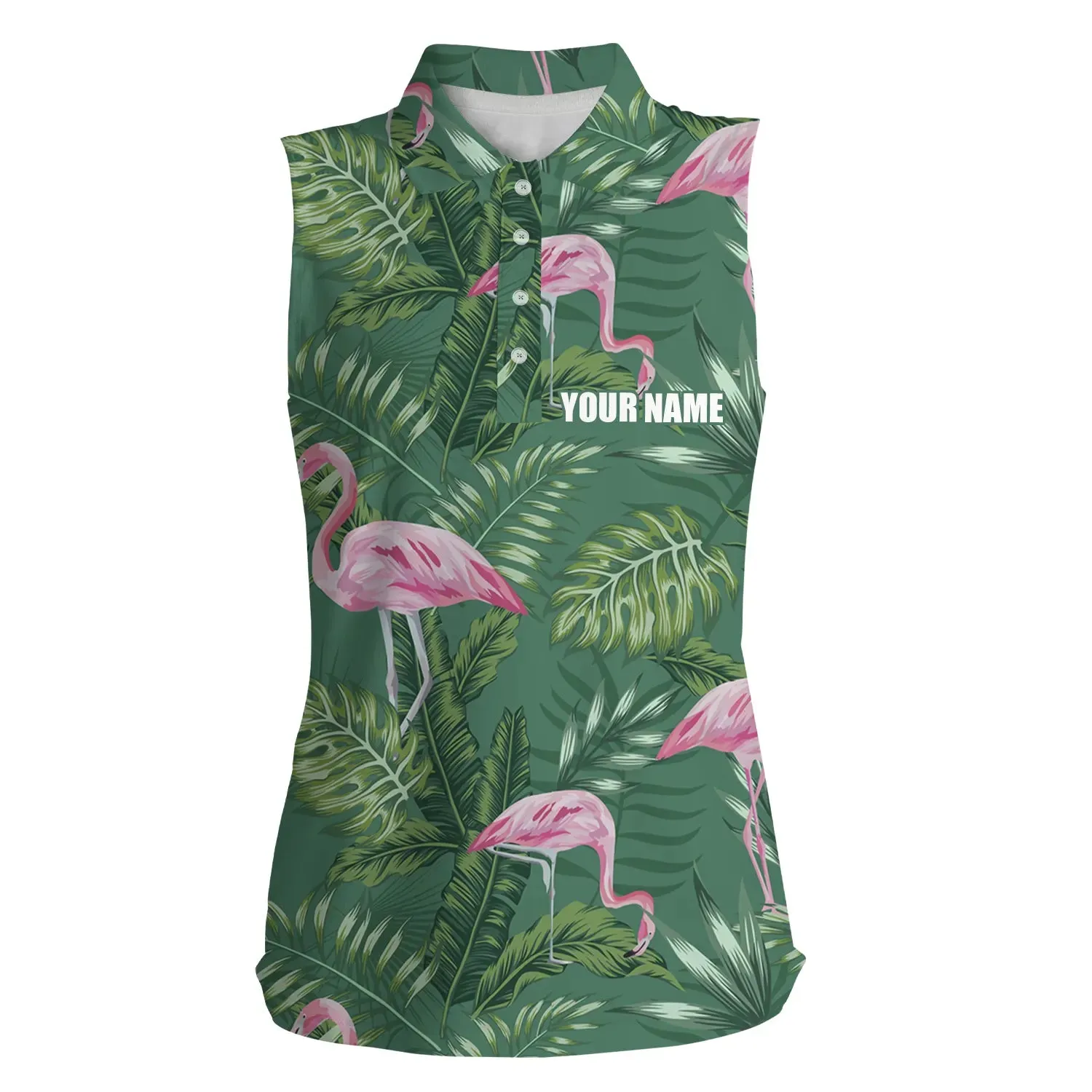 Women sleeveless polo shirt, blue forest pattern pink flamingo golf shirts custom golf shirts for women