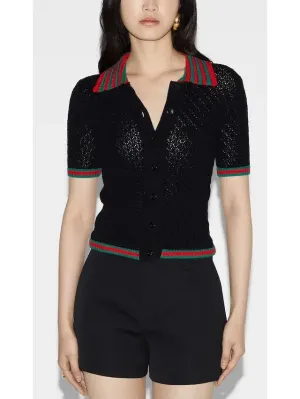 Women’s Cotton Lace Polo T-Shirt in Black with Red and Green Crochet Trim 