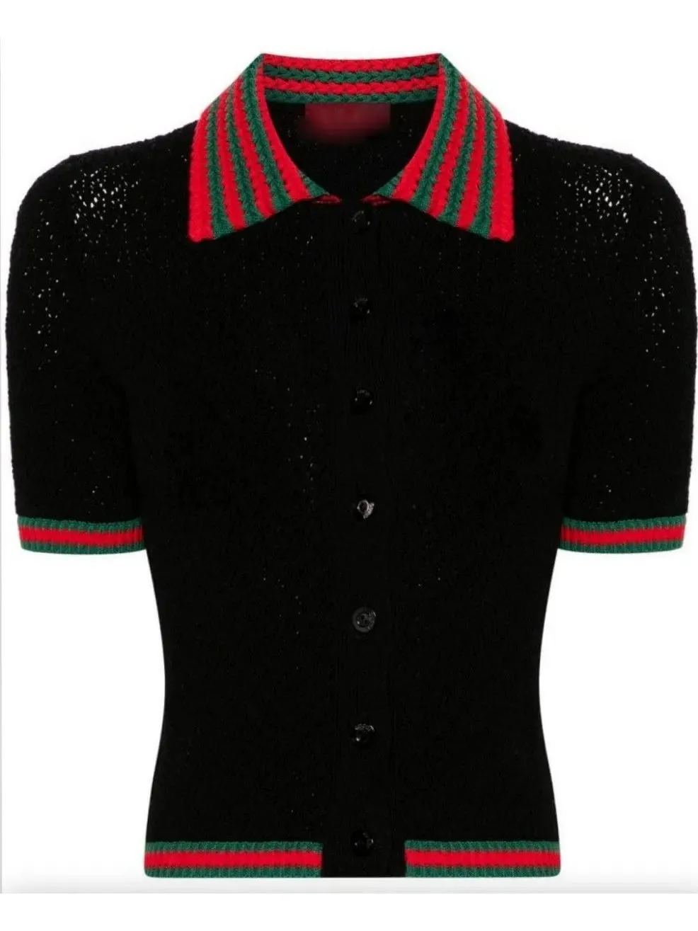 Women’s Cotton Lace Polo T-Shirt in Black with Red and Green Crochet Trim 