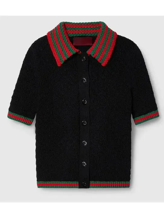 Women’s Cotton Lace Polo T-Shirt in Black with Red and Green Crochet Trim 