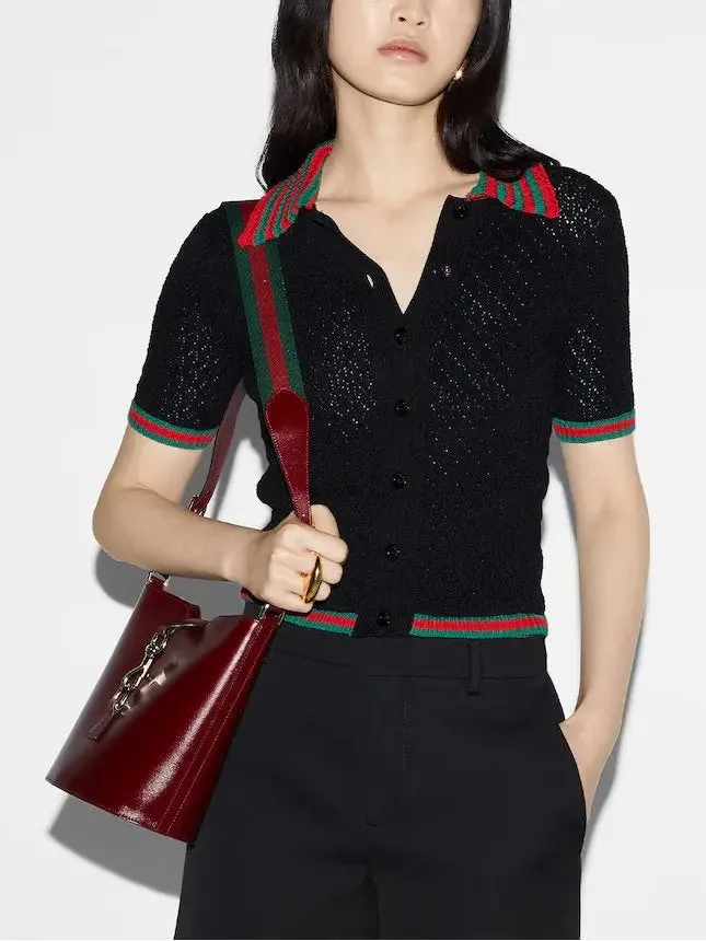 Women’s Cotton Lace Polo T-Shirt in Black with Red and Green Crochet Trim 