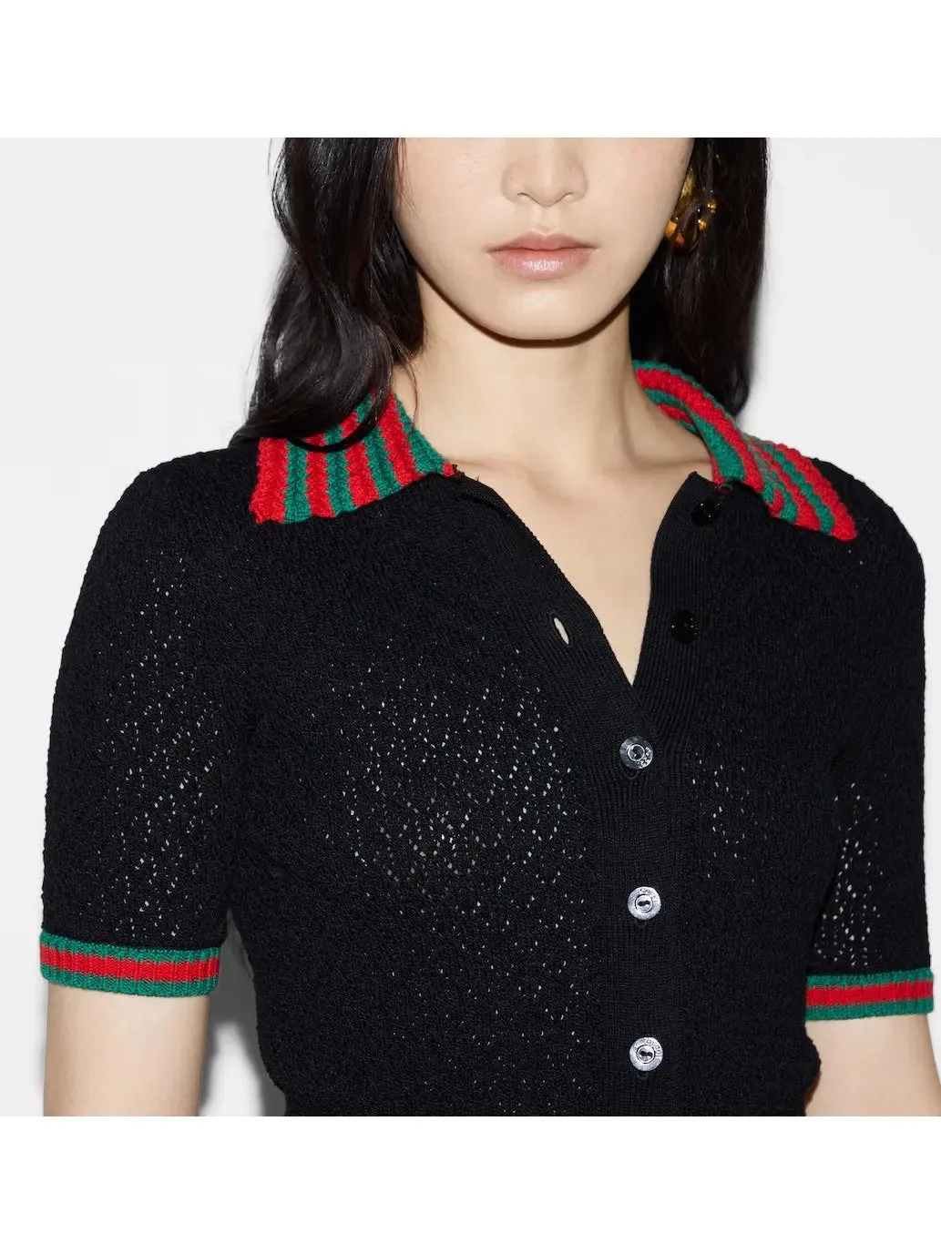 Women’s Cotton Lace Polo T-Shirt in Black with Red and Green Crochet Trim 