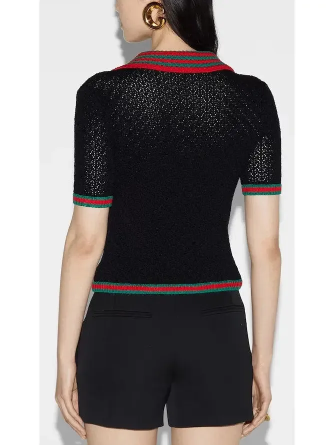 Women’s Cotton Lace Polo T-Shirt in Black with Red and Green Crochet Trim 